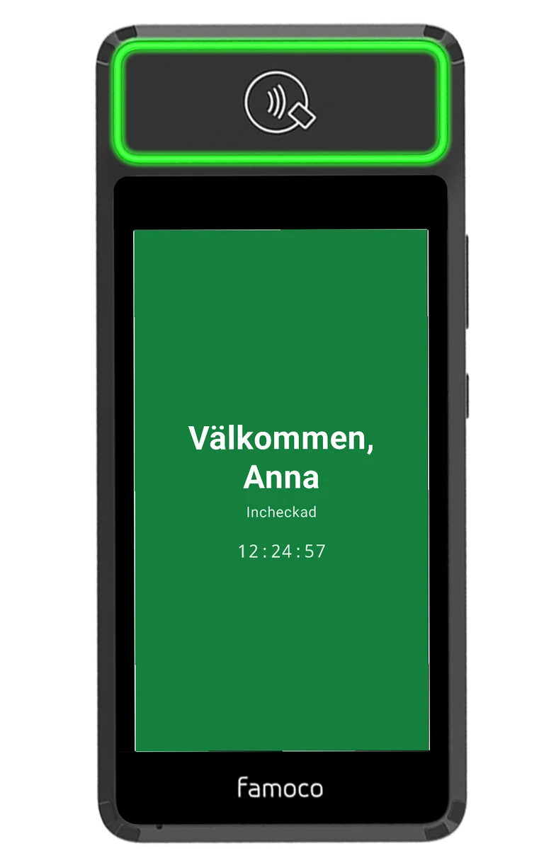 Nodico Box med grön ljusring och skärmen Välkommen, Anna - Incheckad