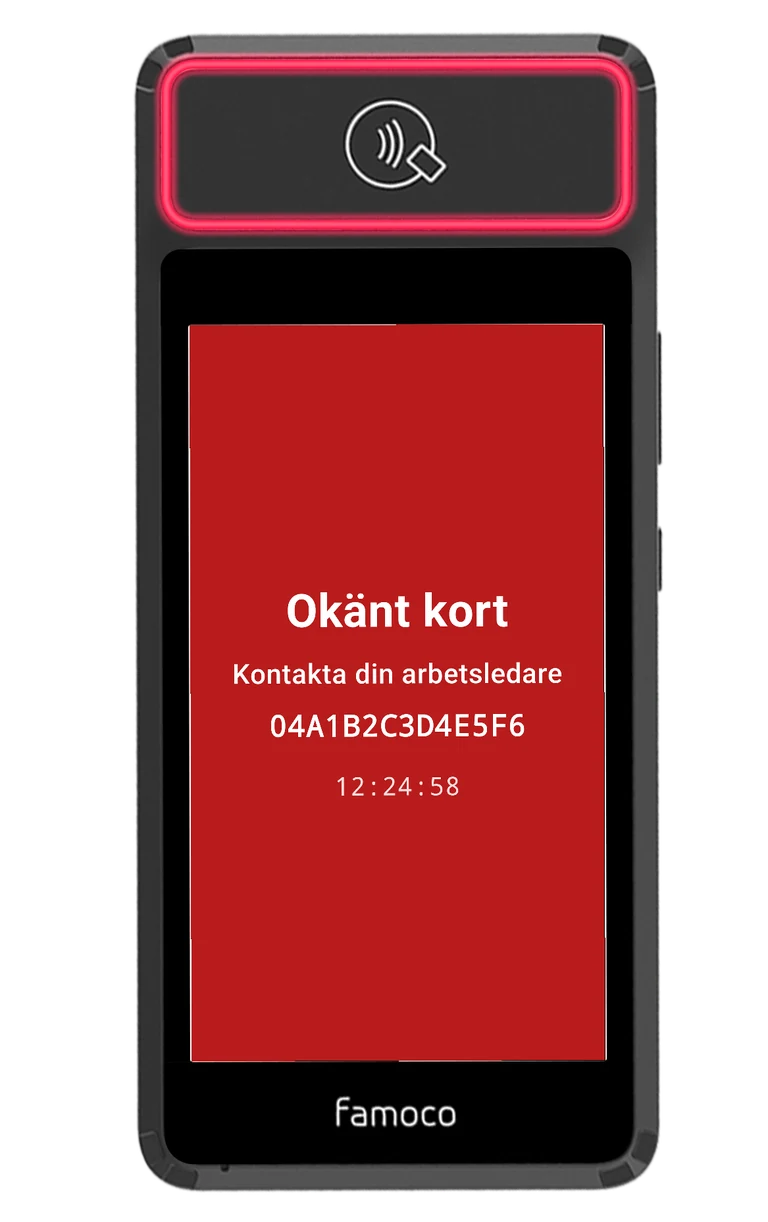 Nodico Box med röd ljusring och skärmen Okänt kort - Kontakta din arbetsledare