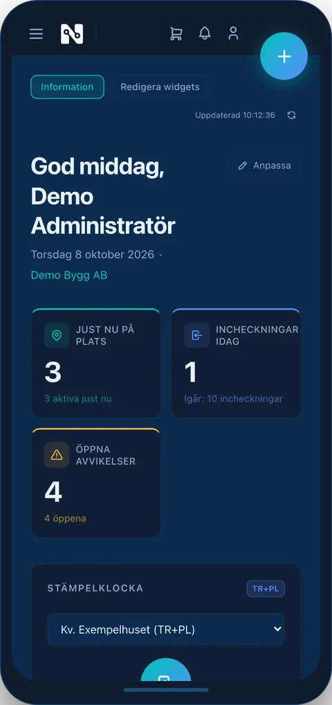 Nodico i mobilen: dagens siffror och stämpelklockan med valt projekt