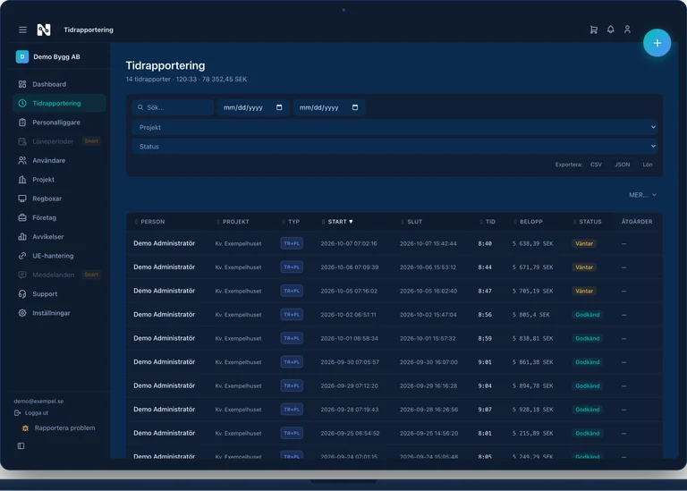 Tidrapporteringsvyn i Nodico med attesterade rader och knappar för export till CSV, JSON och lön